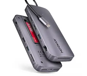 Axagon HMC-12GM2, USB 10Gbps húb, 3x USB-A, USB-C, HDMI a DP 4K/60Hz, RJ-45, M.2, SD/mSD, audio, PD 100W, kábel 50cm