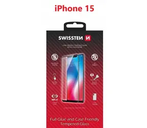 Swissten FULL GLUE COLOR FRAME CASE FRIENDLY sklo pre Apple iPhone 15 čierna