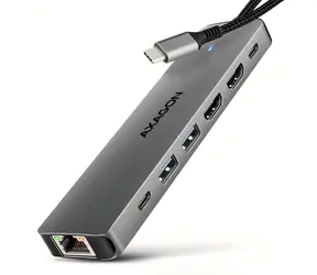 Axagon HMC-7HX2, USB 5Gbps húb, 2x USB-A, USB-C, 2x HDMI 4k/60Hz, RJ-45 GLAN, PD 100W, kábel USB-C 15cm