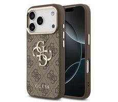 Guess PU Leather 4G Metal Logo Gold Frame Zadný Kryt pre iPhone 17 Pre Max Brown