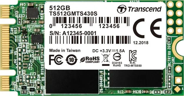 Transcend MTS430S 512GB/M.2 2242 SATA/RW: 560/500 MBps/ IOPS: 80K/85K/MTBF 1.0mh/5y