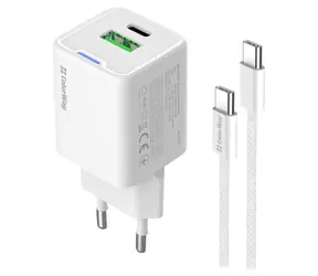 Colorway GaN sieťová nabíjačka biela / Nabíjací adaptér + USB-C kábel / 20W / USB-C PD PPS / USB-A