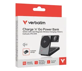 Verbatim Foldable 3-in-1 šedá / Magnetická bezdrôtová powerbanka / 5000 mAh / USB-C / rýchle nabíjanie