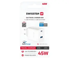 Swissten Core GaN USB-C/USB-A biela / Sieťový adaptér / 45W PD / 18W QC