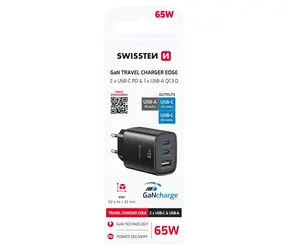 Swissten Edge GaN čierna / Sieťový adaptér / 2x USB-C PD 65W / USB-A QC 18W