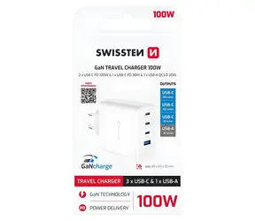 Swissten Core GaN biela / Sieťový adaptér / 2x USB-C PD 100W / USB-C PD 20W / USB-A QC 30W