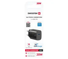 Swissten Edge GaN čierna / Sieťový adaptér / USB-C PD / 20W