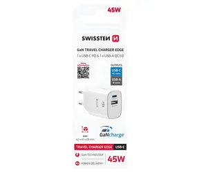 Swissten Edge GaN biela / Sieťový adaptér / USB-C 45W PD / USB-A 18W QC