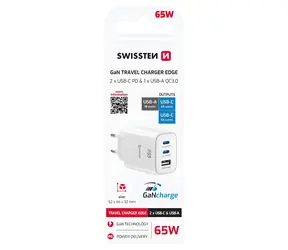 Swissten Edge GaN biela / Sieťový adaptér / 2x USB-C 65W PD / USB-A 18W QC