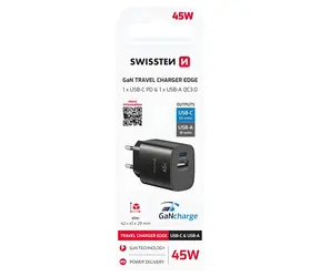 Swissten Edge GaN čierna / Sieťový adaptér / USB-C PD 45W / USB-A QC 18W
