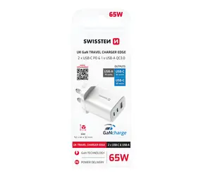 Swissten Edge GaN biela / Sieťový adaptér / UK zástrčka / 2x USB-C + USB-A / 65W / QC / PD
