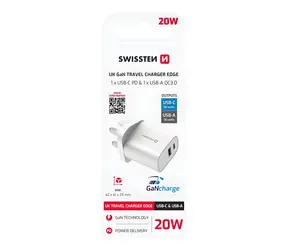 Swissten EDGE GaN USB-C/USB-A biela / Sieťový adaptér / UK zástrčka / 20W PD / 18W QC