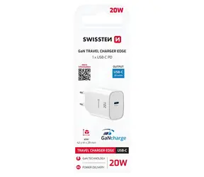 Swissten Edge biela / Sieťový adaptér / GaN / USB-C PD / 20W