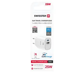 Swissten Edge biela / Sieťový adaptér / GaN / USB-C PD 25W / USB-A QC 18W