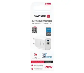 Swissten Edge biela / Sieťový adaptér / GaN / USB-C PD 20W / USB-A QC 18W