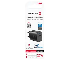 Swissten Edge GaN USB-C + USB-A čierna / Sieťový adaptér / 20W PD / 18W QC