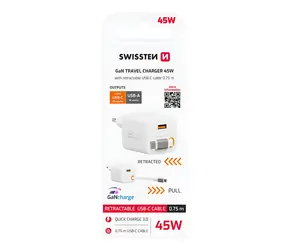Swissten SlideCHARGE GaN biela / Sieťový adaptér / 45W / USB-A 18W / zaťahovací kábel USB-C 0,75 m