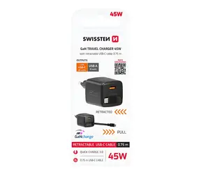 Swissten SlideCHARGE GaN čierna / Sieťový adaptér / 45W / USB-A 18W / zaťahovací kábel USB-C 0,75 m