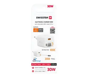Swissten SlideCHARGE GaN biela / Sieťový adaptér / 30W / USB-A 18W / zaťahovací USB-C kábel 0,75 m