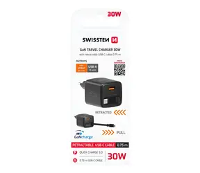 Swissten SlideCHARGE GaN čierna / Sieťový adaptér / 30W / USB-A 18W / zaťahovací USB-C kábel 0,75 m
