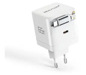 RealPower GaN 65W biela / Sieťová nabíjačka / 2x USB-C / vstavaný kábel / PD