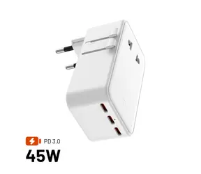 FIXED Voyager Slim 45W biely / Cestovný adaptér / EU, UK, USA/AUS / 3× USB-C + USB-A / GaN / PD 45W