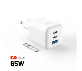FIXED Mini GaN s 2xUSB-C a USB výstupom podpora PD 65W biela