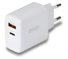 Lindy GaN nabíjačka 65W biela / Sieťová nabíjačka / 1x USB-C / 1x USB-A / PD 3.0 / PPS