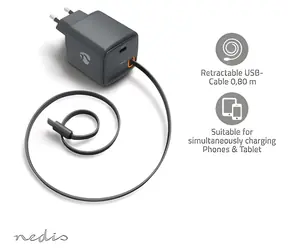 Nedis GaN 65W čierna / Sieťová nabíjačka / USB-C PD 3.0 / zaťahovací kábel 0,75 m