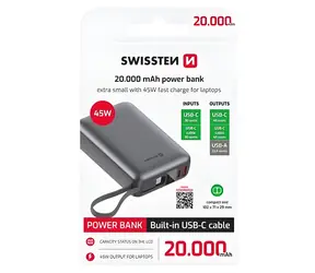 Swissten Space 20000 mAh strieborná / Power Bank / 45W / integrovaný USB-C kábel