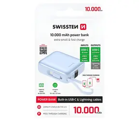 Swissten Space 10000 mAh modrá / Powerbanka s integrovanými káblami / USB-C + Lightning