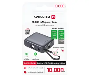 Swissten SPACE 10000mAh strieborná / Powerbanka s integrovanými káblami / USB-C + Lightning