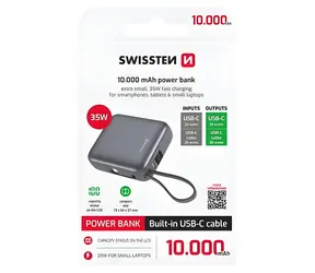 Swissten Space strieborná / Power Bank / 10000 mAh / 35W / USB-C integrovaný kábel
