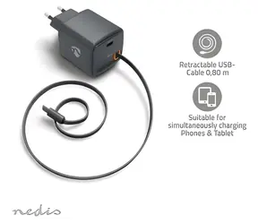 Nedis GaN 30W čierna / Sieťová nabíjačka / USB-C PD3.0 so zaťahovacím káblom / 0,75 m