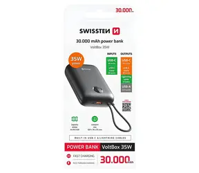 Swissten VOLTBOX 30000 mAh čierna / Powerbanka s integrovanými káblami / 35W / USB-C & Lightning