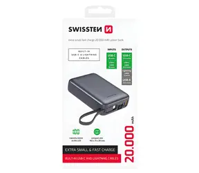 Swissten Space 20000mAh strieborná / Powerbanka s integrovanými káblami / USB-C + Lightning