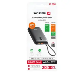 Swissten VOLTBOX 20000mAh čierna / Powerbanka s integrovanými káblami / 35W / USB-C + Lightning