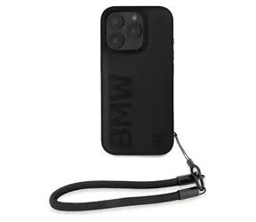 BMW Leather Signature and Strap čierna / Zadný kryt / iPhone 16 Pro / pravá koža / nylonové pútko