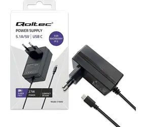 Qoltec Super Fast PD čierna / Nabíjačka pre Raspberry Pi 5 / USB-C / 27 W / 5-12V / 1.8-5A
