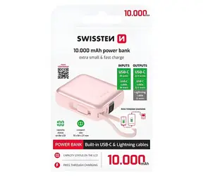 Swissten Space 10000 mAh ružová / Powerbanka s integrovanými káblami / USB-C + Lightning