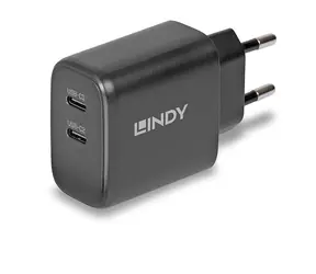 Lindy GaN 65W čierna / Nabíjačka / 2x USB-C / Power Delivery 3.0 / GaN