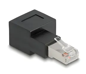 DeLock / Adaptér RJ45 zástrčka-zásuvka 90 ° / Cat.6A / pozlátené kontakty / čierna