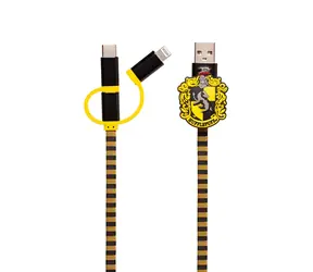 ThumbsUp! Hufflepuff čierna, žltá / Nabíjací kábel 3v1 / Lightning / Micro USB / USB-C / 1 m