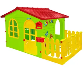 MOCHTOYS Detský záhradný domček zeleno-červený / s plotom a tabuľou / od 1 roka