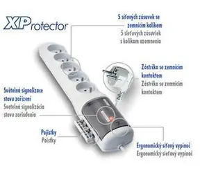 Acar XProtector biela / Predlžovací prívod / 230V / 5 zásuviek / 3 m / vypínač / prepäťová ochrana