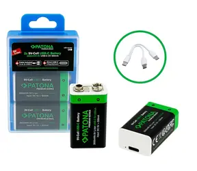 Patona 9V / Nabíjacia batéria / 6F22/LR22 / Li- ION 400 mAh / USB-C nabíjanie / 2 ks