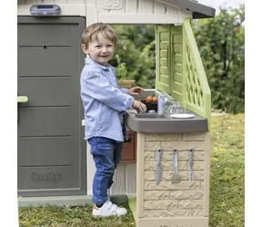 Smoby Letná kuchynka Life / Doplnok k domčeku / gril a umývadlo / 17 dielov príslušenstva