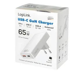 LogiLink biela / Nabíjací adaptér / 1x USB-A / 1x USB-C / GaN / 65W
