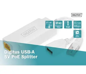 Digitus DN-95208 biely / PoE splitter / IEEE 802.3 AF/at / USB-A výstup 5V/2,5A / IP40