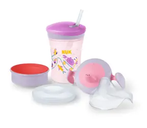 NUK Sada na pitie s nástavcami 230 ml fialovo-ružová / od 6 mesiacov / 3 nástavce / bez BPA
